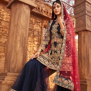 Dark Blue and Hot Pink Embroidered Gharara Suit